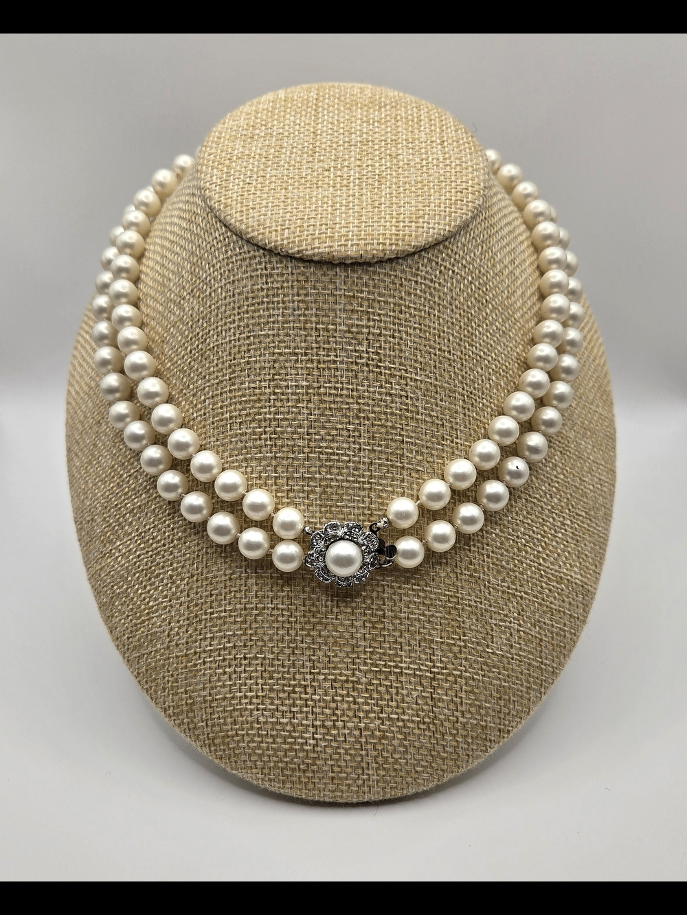 Vintage Double Strand Faux Pearl Necklace with Rhinestone Clasp